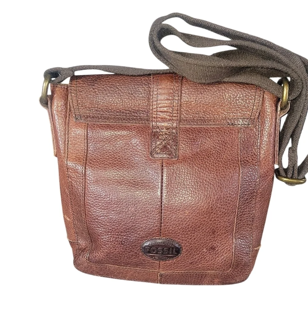 Fossil Travis City Brown Leather Vintage Messenger Crossbody With Canvas Strap